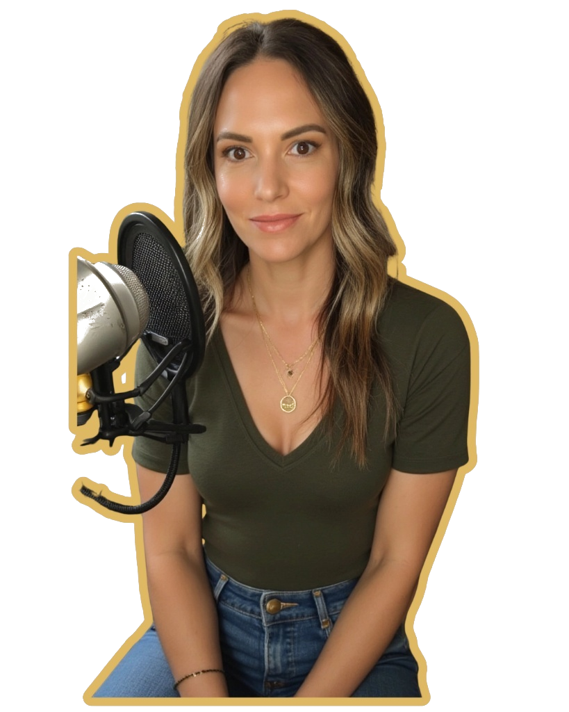 Liz beside a studio microphone