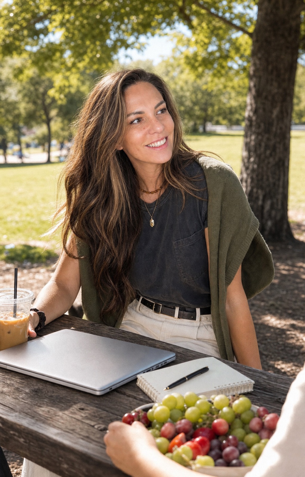 Liz at an outdoor table with a laptop and notebook
